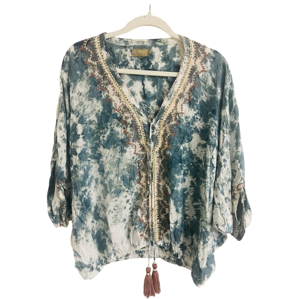 Skemo Blue Tie Dye Embroidered V-Neck Blouse Tassels Size M Boho Hippie Festival - Picture 3 of 11